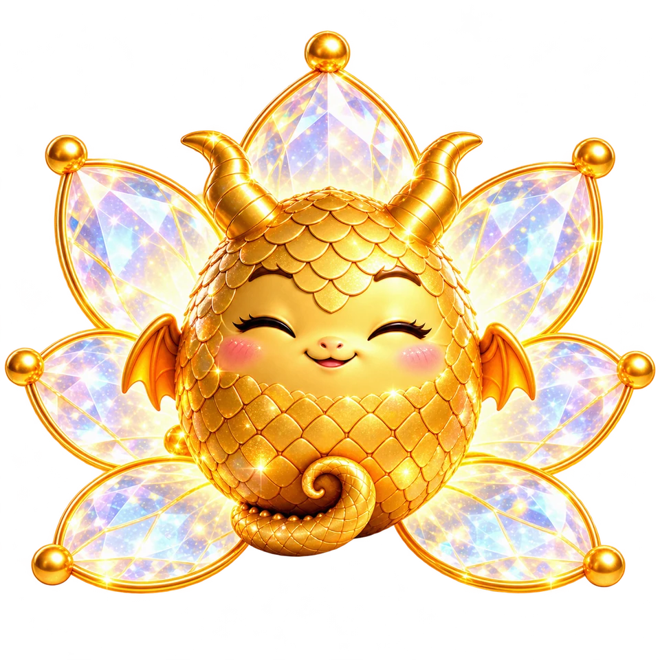 AEVU, œuf de dragon doré sur sa fleur de cristal à sept pétales