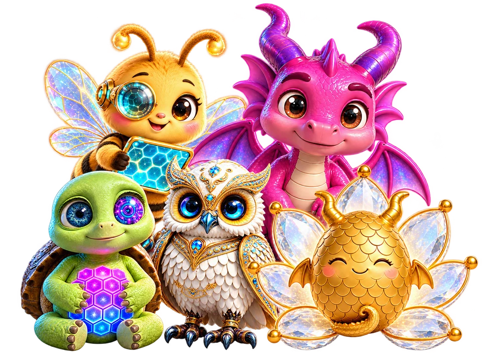 Portrait de famille : VIE l'abeille geek, NUMMU le dragon magenta, GENIE la tortue verte, MEDIUM le hibou blanc et AEVU l'œuf doré sur sa fleur cristalline.