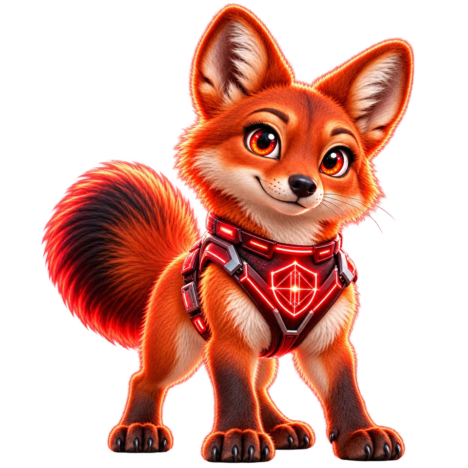 Mascotte officielle candidate KILIAN : dhole au pelage de feu, harnais et bouclier rouge